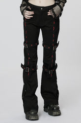 Black/Red Embroidery Buckles Women's Steampunk Flared Pants